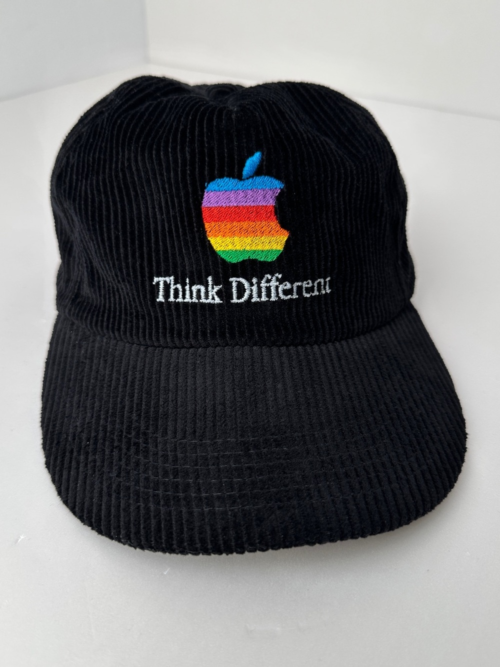 Vintage Apple Computer Think Different Rainbow Logo Black Corduroy Snapback Hat